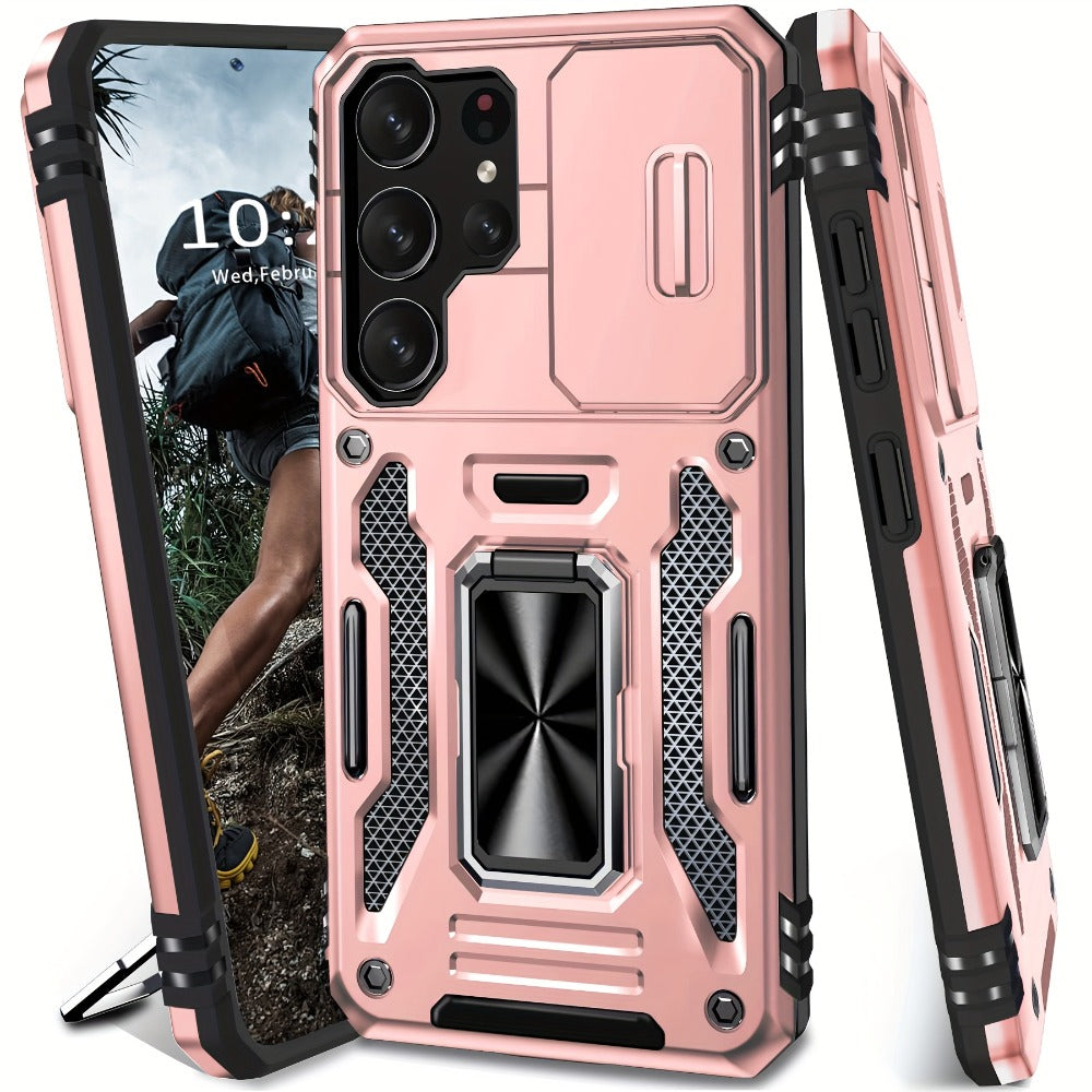 Samsung Galaxy Shockproof Magnetic Phone Case with 360° Rotating Ring Bracket & Sliding Lens Protector – Heavy Duty Cover for S24FE S23FE