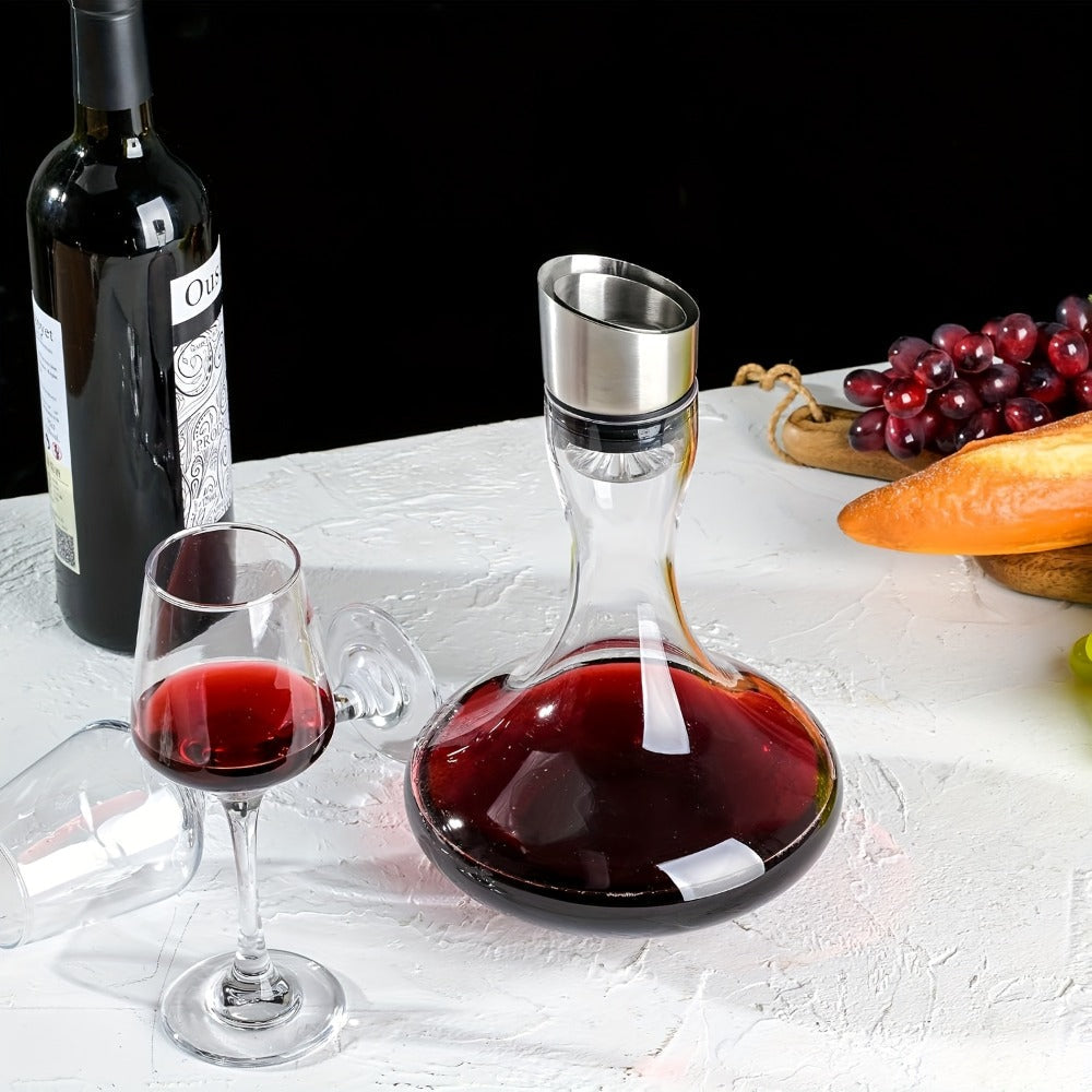 Wine Decanter Hand Blown Crystal Glass 1000ml Aerator Pourer Red Wine Carafe with Stainless Steel Aerator Lead-Free Clear Glass Perfect Gift