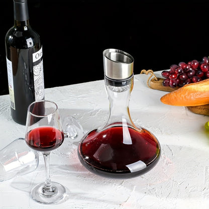 Wine Decanter Hand Blown Crystal Glass 1000ml Aerator Pourer Red Wine Carafe with Stainless Steel Aerator Lead-Free Clear Glass Perfect Gift