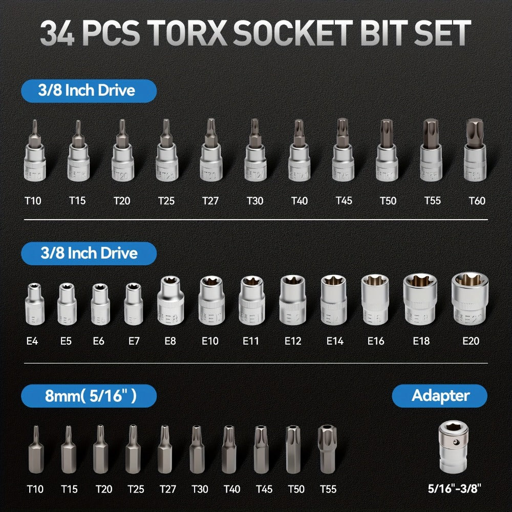 Torx Star Bit Socket Set 34/46-Piece – 3/8" Drive CR-V E-Socket E4-E20, T10-T60, Tamper-Proof TT10-TT55, S2 Steel, 5/16"F to 3/8"M Adapter