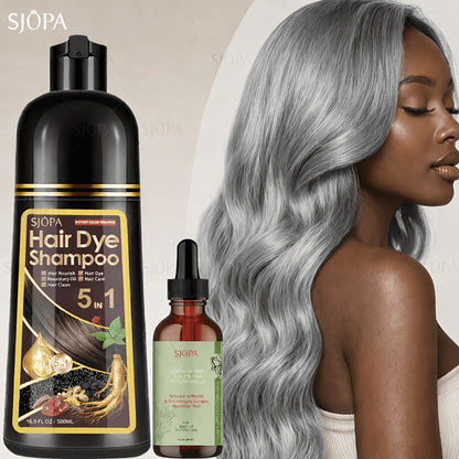 Gray Coverage Hair Dye Shampoo Kit 3-in-1 with Rosemary Hair Oil - Quick Color, Gentle & Natural Formula for Men & Women