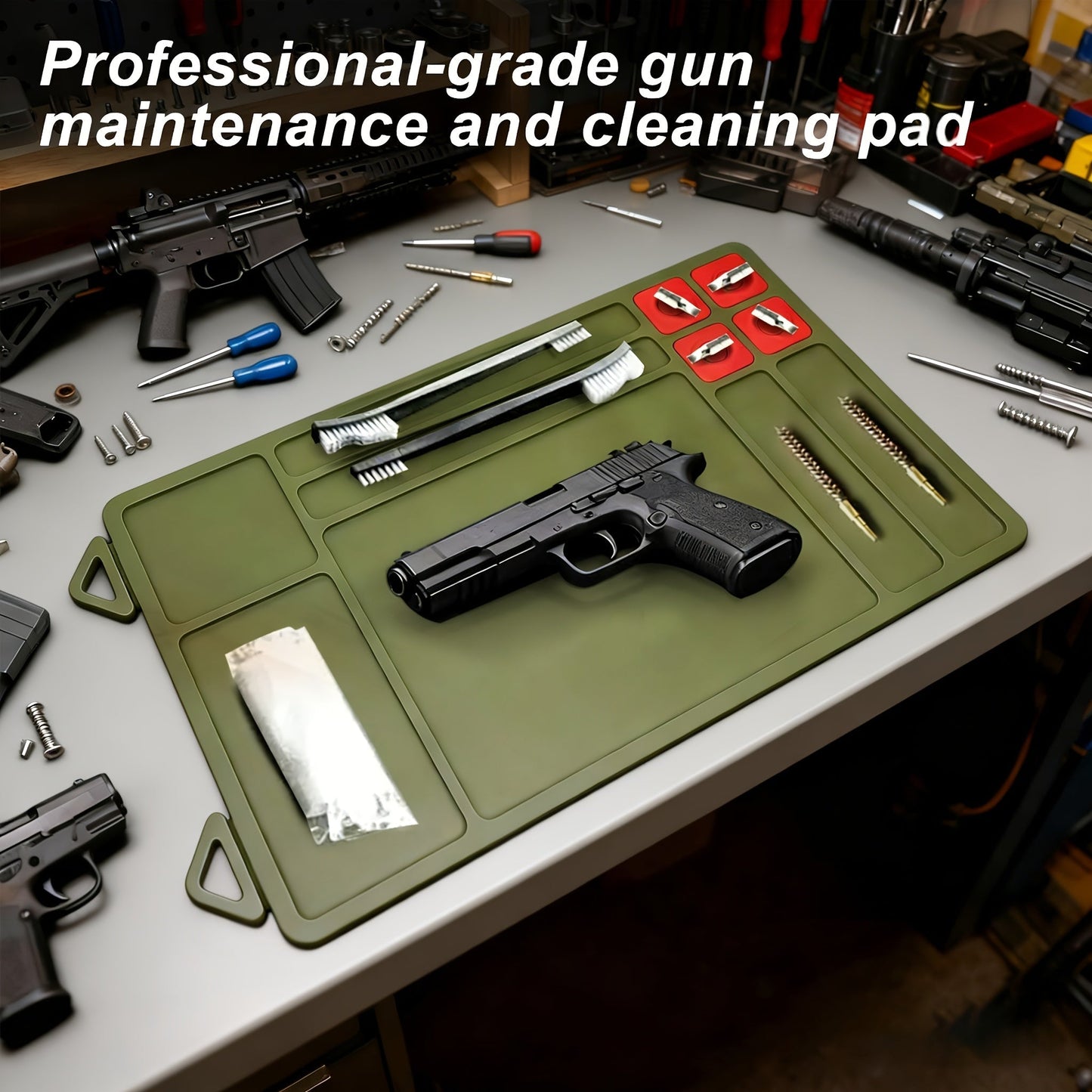 Gun Cleaning Mat with Magnetic Parts Tray – Heavy Duty Non-Slip Rubber Solvent-Resistant Pad for Pistol Rifle Handgun Maintenance