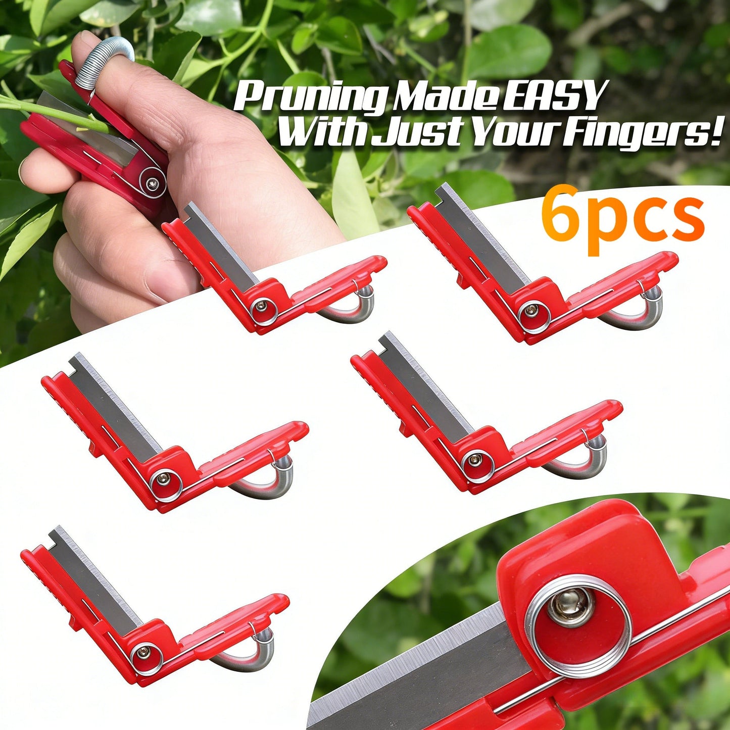 Six-Piece Garden Thumb Knife Set with Red Finger-Ring Cutters and Exposed Straight Blade Edges
