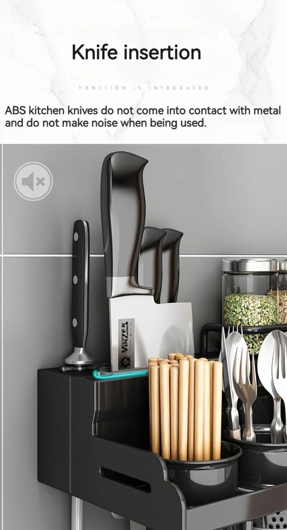 Wall-Mounted Kitchen Organizer with Two Storage Tiers, Knife Slots, Chopstick Cup and Towel Bar