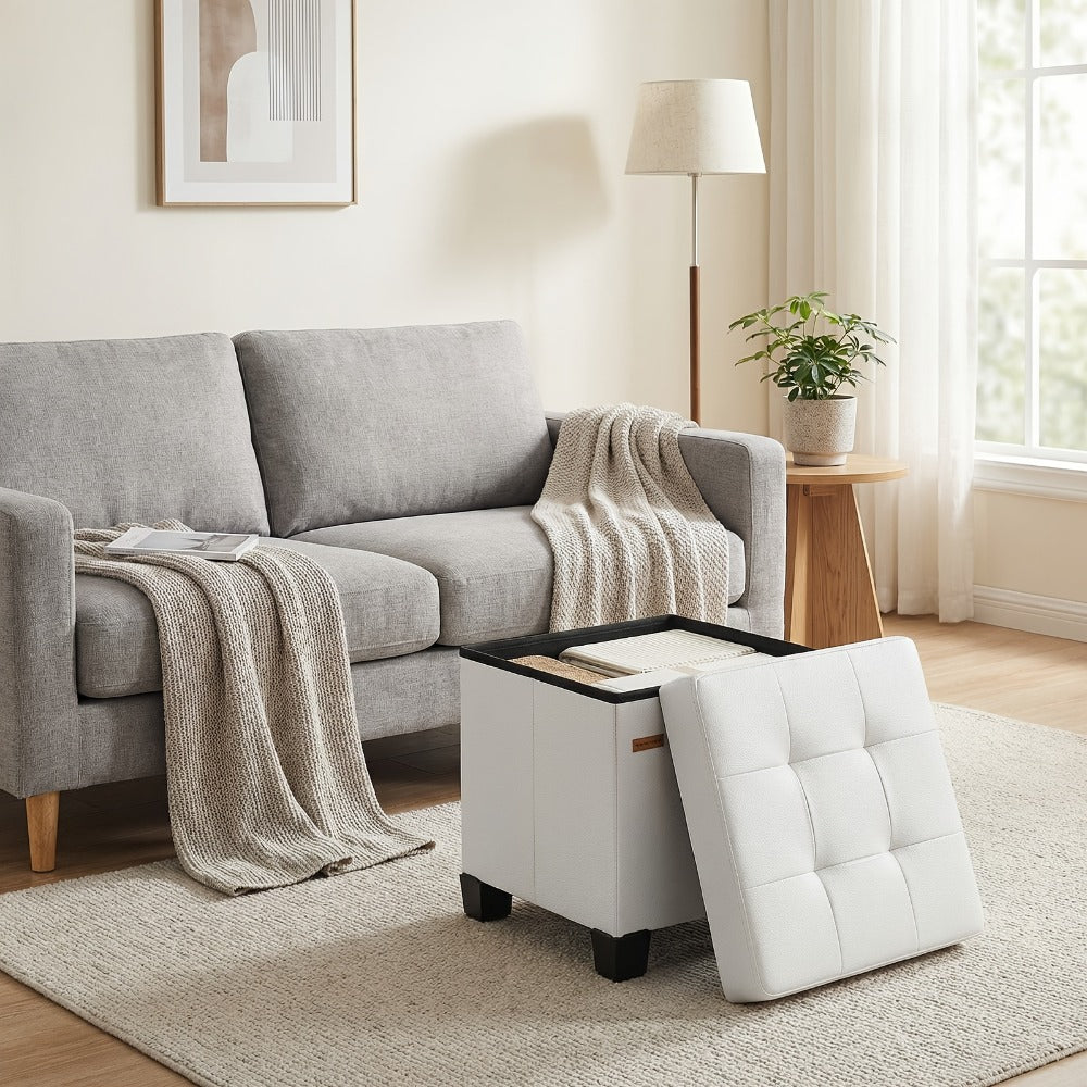 37L Faux Leather Storage Ottoman Cube with Lift-Off Lid, Short Legs and Black or White Finish
