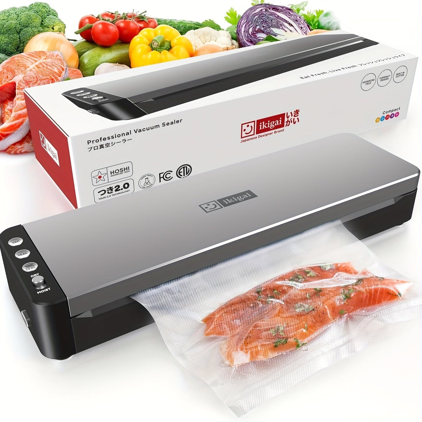 Vacuum Sealer Machine 80kPa Powerful Suction Food Sealer 125W Dry Wet Modes Stainless Steel for Home Cooking, Dining and Outdoor Meals