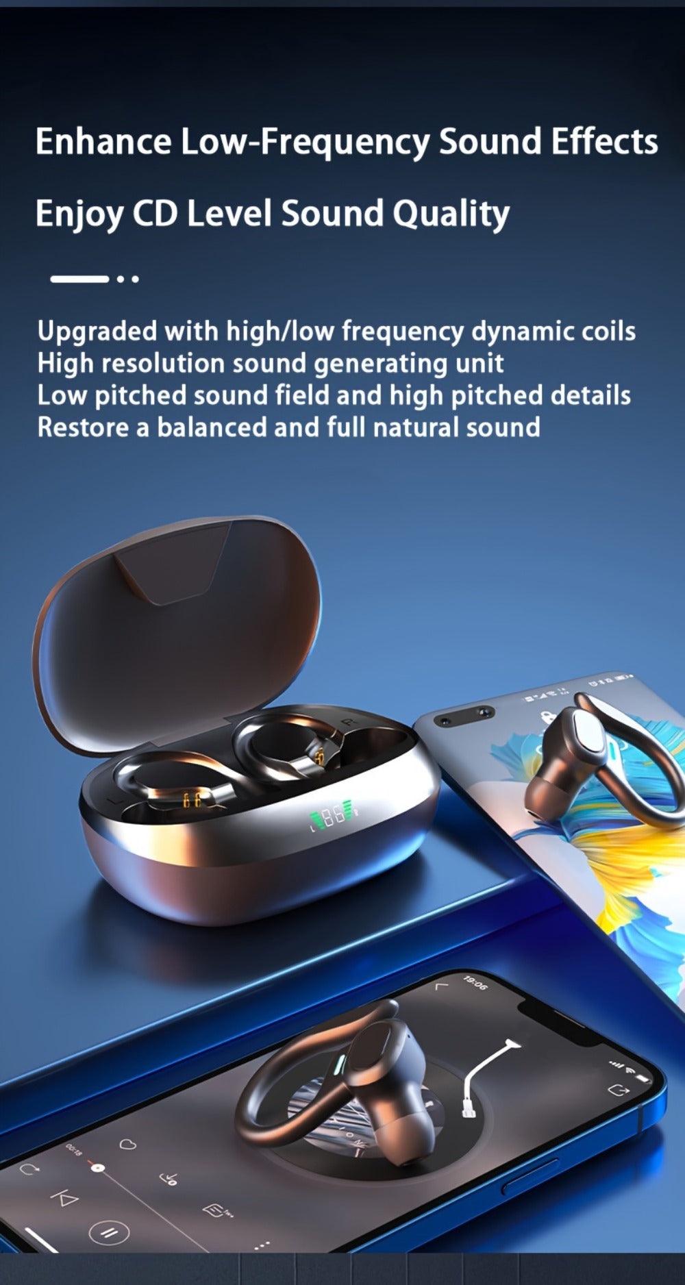 Wireless Earbuds Bluetooth 5.4 Open-Ear Sport Hooks with LED Charging Case in Black or Pale Red
