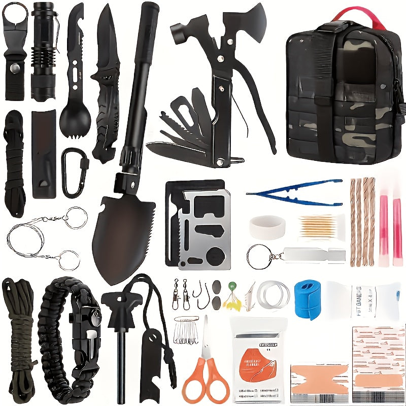 142-Piece Emergency Survival Kit with MOLLE System – Outdoor Gear Set with Axe, Folding Shovel, Knife & Lantern for Camping, Hiking