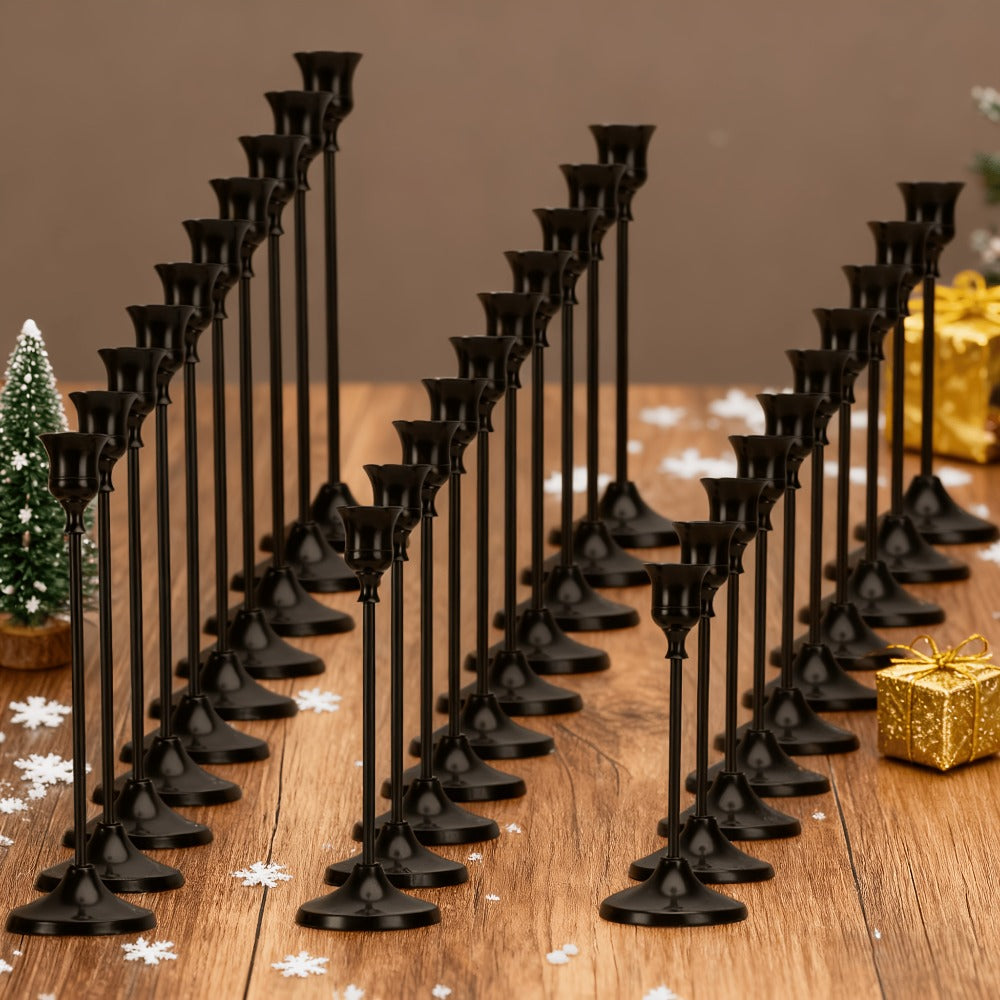 Candle Holder Set 30-Piece Black Metal Taper Stands in Three Heights with Round Bases and 0.86-Inch Cups