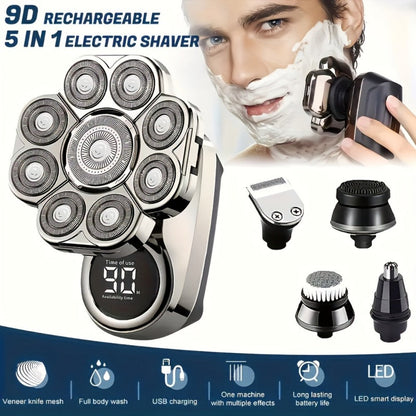 Nine-Head Rotary Electric Shaver Kit with Four Grooming Attachments, LED Display and Silver Finish