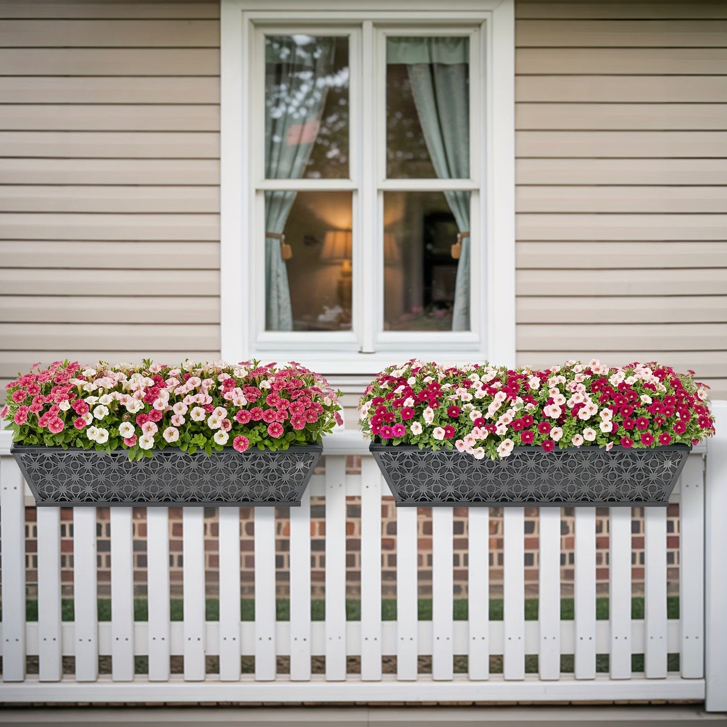 Window Box Planter 24 Inch with Coco Liner Adjustable Railing Brackets Cast Iron Flower Box for Porch Fence Balcony Patio Outdoor Garden