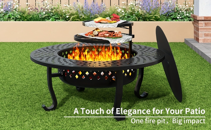 43-Inch Round Fire Pit Table with Two Cooking Grates, Center Lid, Perforated Bowl and Long Poker