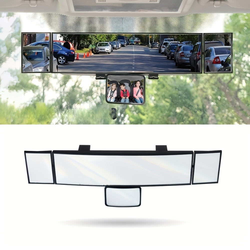 Interior Rearview Mirror 13 Inch – Quadruple-Fold Adjustable Wide Angle Car Mirror with 360° Swivel, Flat Lens