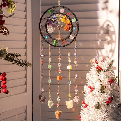 Crystal Wind Chime Suncatcher with Life Tree Pendant - Handmade Bohemian Shattered Stone for Entryways, Bedrooms and Living Spaces