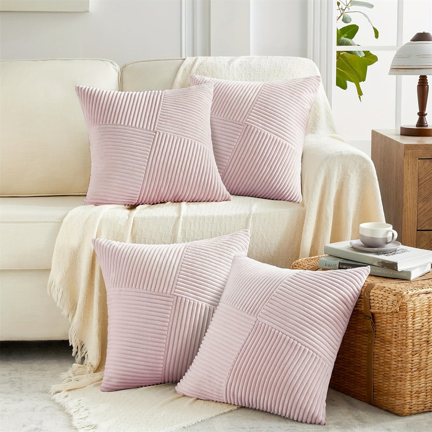 Four-Piece Corduroy Pillow Cover Set, 18 x 18 Inches with Striped, Panel and Pinwheel Textures