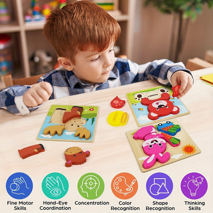 Baby Animal Wooden Puzzles for Toddlers 8 Pack, Infant Learning Toy 12 Months+, Bear Bunny Owl Frog Bee Duck Moose Raccoon