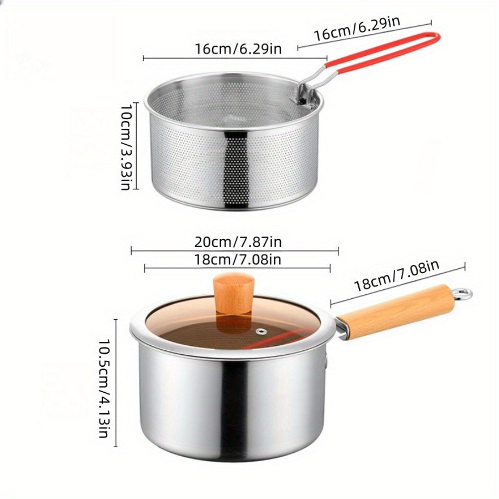 Stainless Steel Deep Fryer Pot Set with Frying Basket & Glass Lid, Non-Stick Multi-Function Cookware for Deep Frying, Noodles