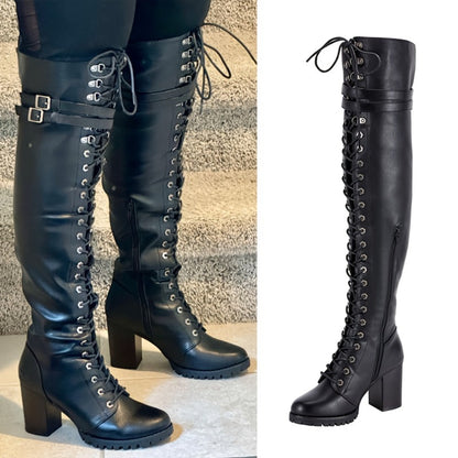 Women's Over-the-Knee Biker Boots, Faux Leather Thigh High Lace-Up Knee High Boots with Chunky Heel & Buckle
