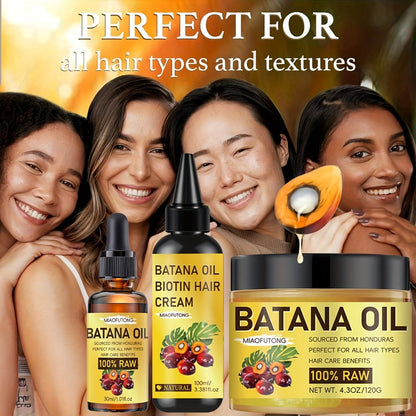 Three-Piece Batana Oil and Biotin Hair Care Set with Large Cream Jar and Coordinated Containers