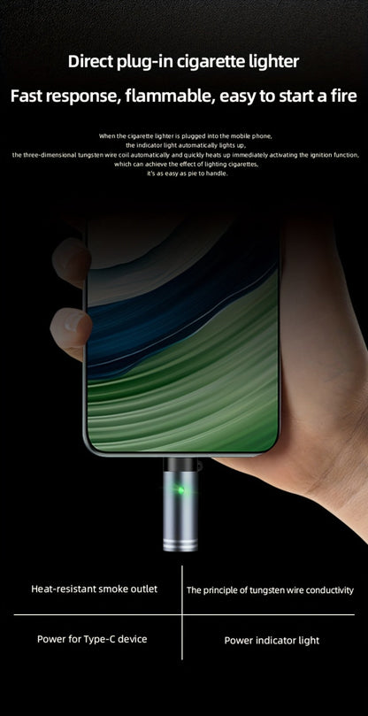 USB-C Plug-In Heating-Coil Electric Lighter in Black with Compact Cylindrical Body for Direct Phone Power