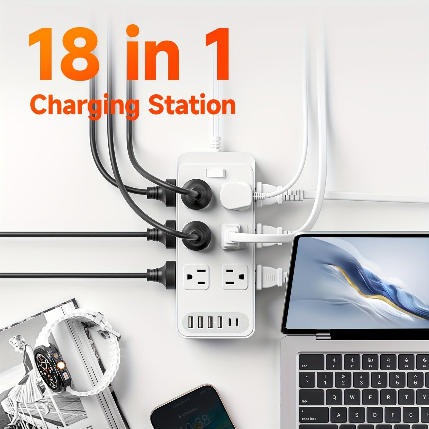 Charging Station 18-in-1 Power Strip Surge Protector 12 AC Outlets 6 USB Ports 4 USB-A 2 USB-C for an Everyday Personal Care Routine