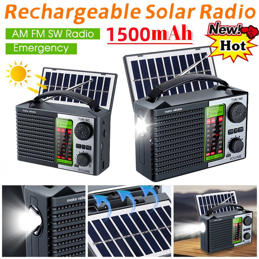 Emergency Solar Hand Crank Radio 5-in-1 with Dual Speaker, FM AM SW VHF, MP3 USB TF Card Player, 180° Foldable Solar Panel