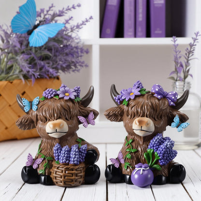 Scottish Highland Cow Figurines with Lavender - Resin Calf Statue Set of 2 for Home Garden Office Decor