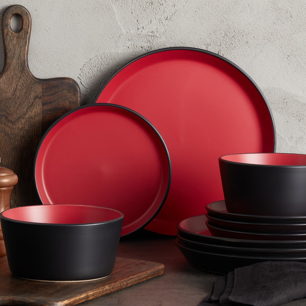 Dinnerware Set Options for Four with Round Plates, Bowls and Cups in Black, Red, Blue, Green or Floral Designs