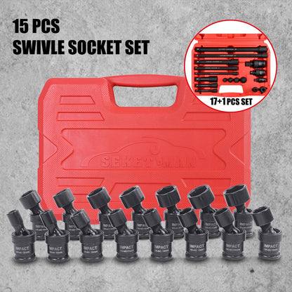 3/8-Inch Drive Impact Socket Set with 15-Piece Swivel or 17+1-Piece Accessory Kits in Red Cases