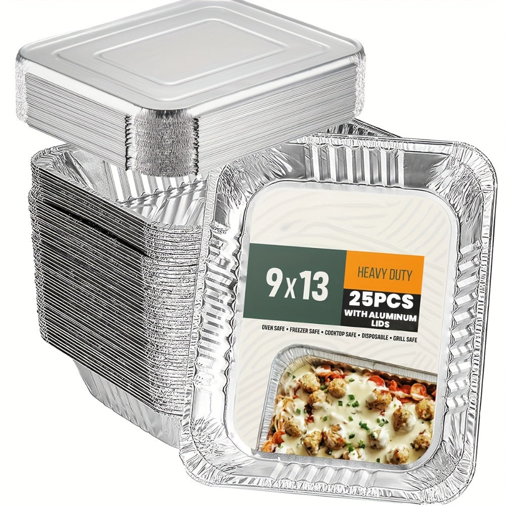 Disposable Aluminum Pans with Lids 25 Pack, 9x13 Half Size Foil Baking Trays for Roasting, Reheating & Cooking