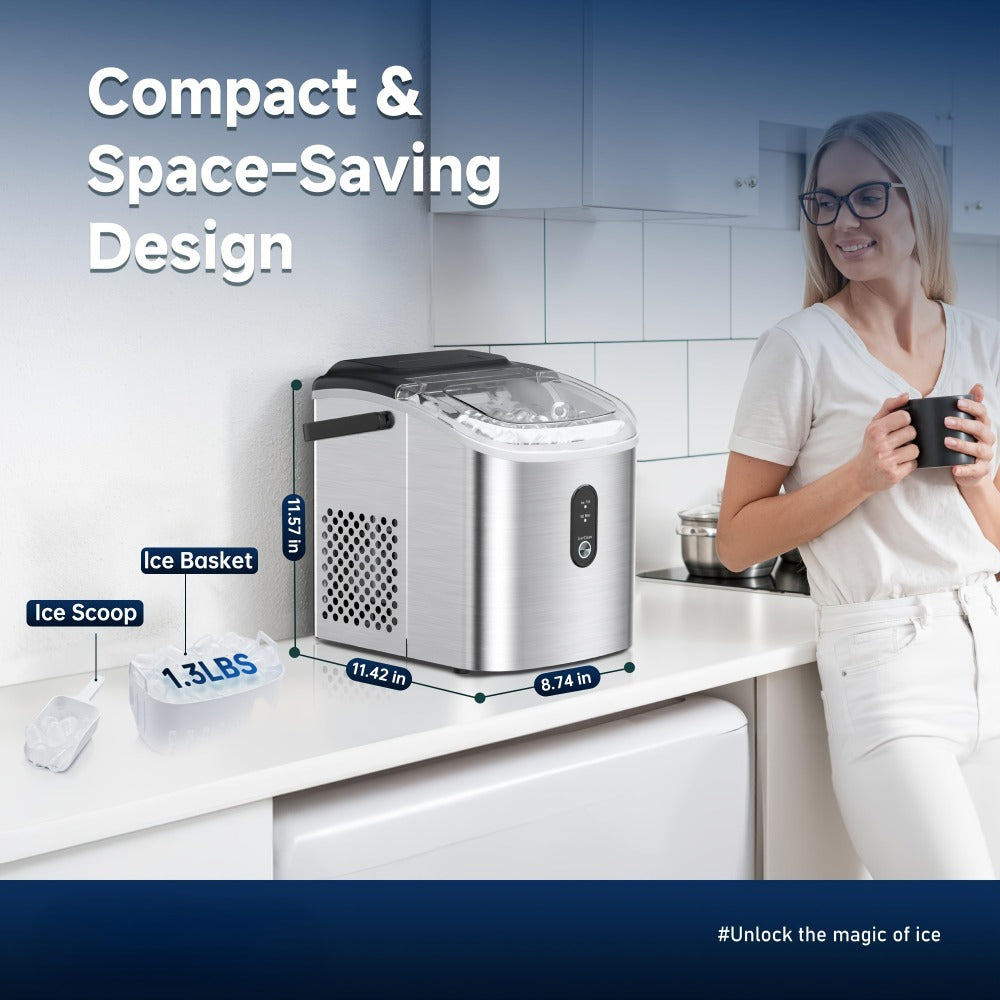 Portable Ice Maker Countertop – Bullet Ice Machine 26-29 Lbs Daily, 9 Ice Cubes in 6 Mins, Self-Cleaning, Quiet Under 45dB, with Handle