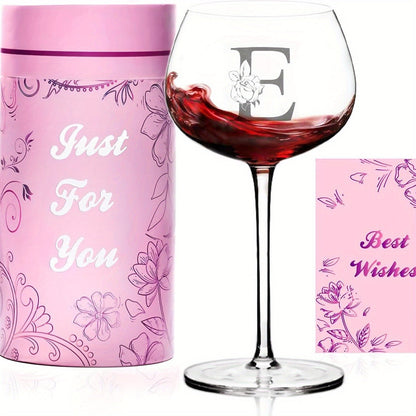 Personalized Wine Glass Gift for Women – A-Z Initial Letter Monogrammed Wine Glass with Gift Box & Greeting Card – Unique Birthday