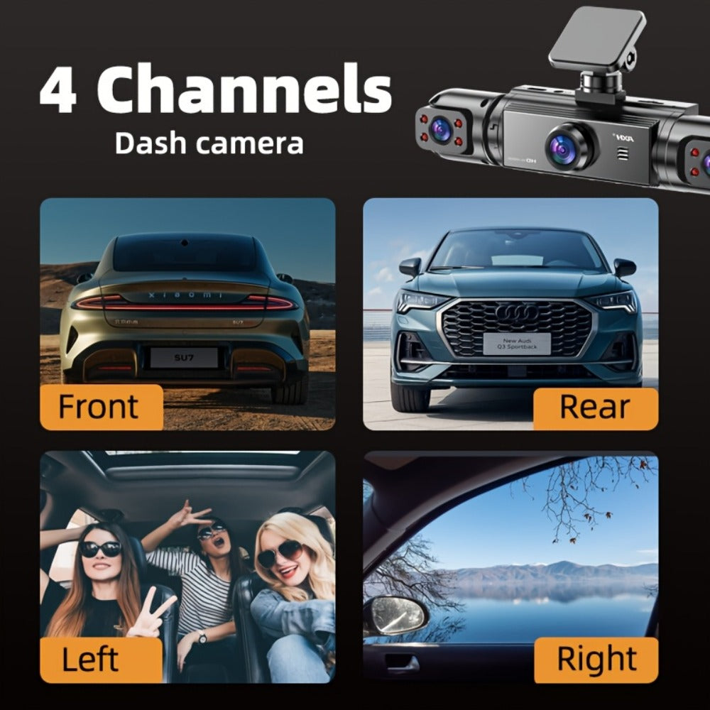 360° Panoramic Dash Cam 3 & 4 Lens 1080P HD Front + 720P Rear Left Right, Quad-Split Screen, HD Night Vision WDR G-Sensor Loop Recording