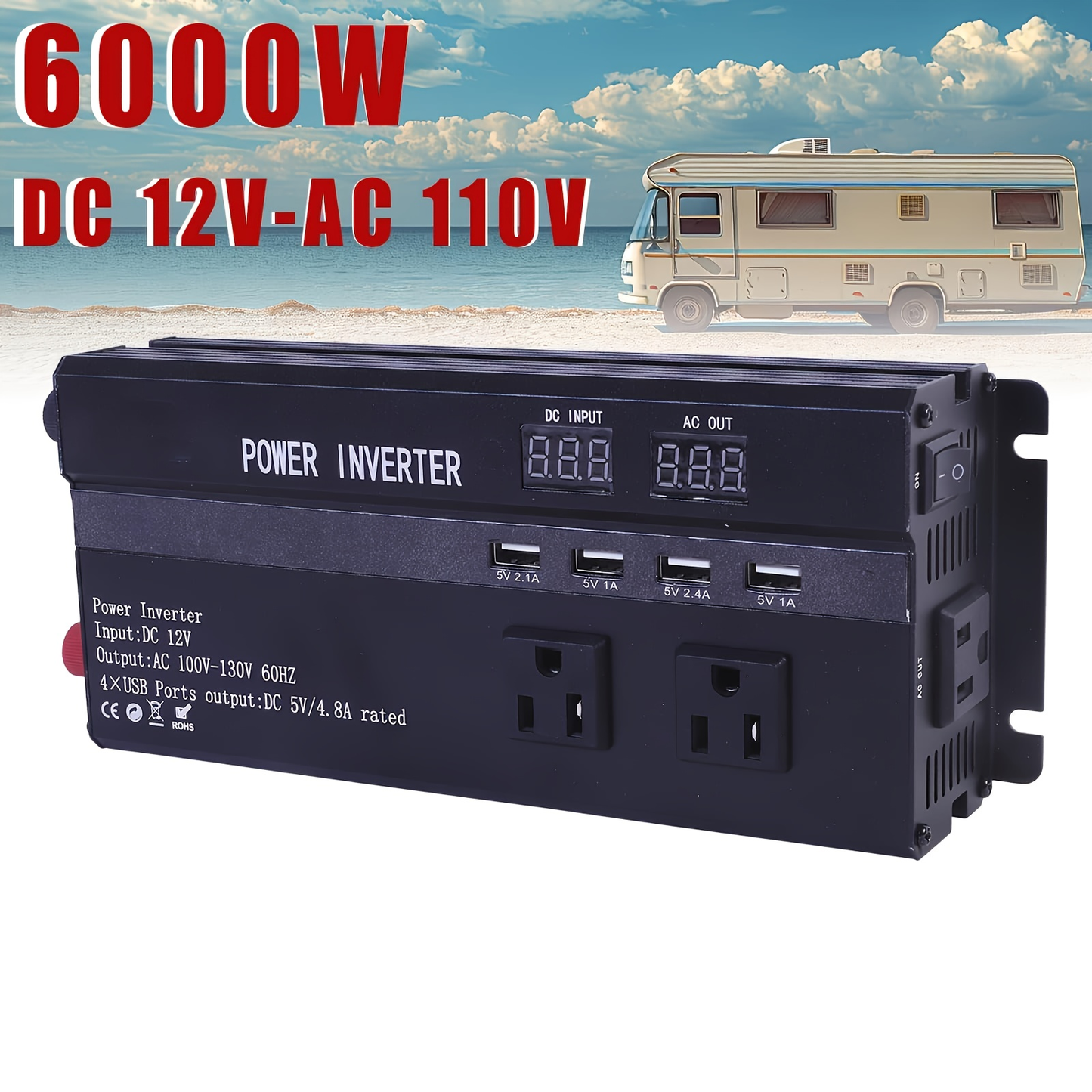 DC to AC Inverter 4000W 5500W 6500W 16000W Peak DC 12V to AC 110V High Power Car Inverter with USB Ports for Garden, Patio and Yard Use