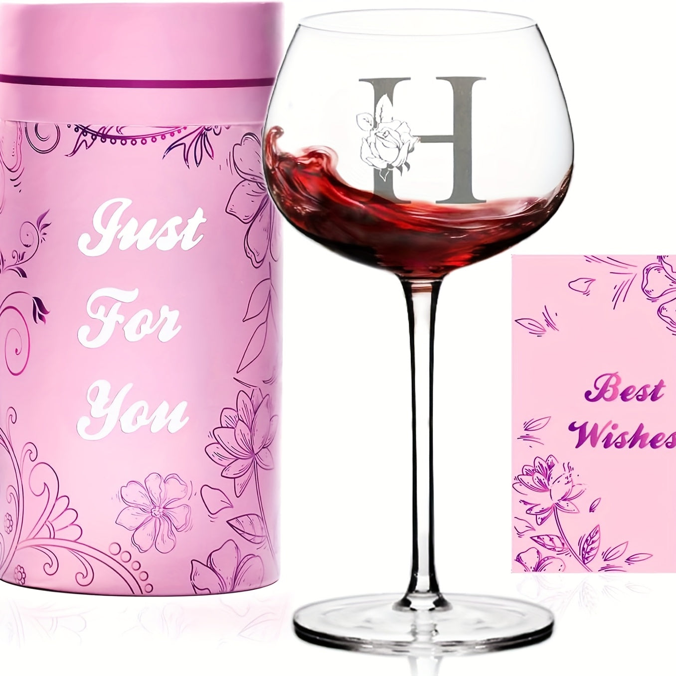 Personalized Wine Glass Gift for Women – A-Z Initial Letter Monogrammed Wine Glass with Gift Box & Greeting Card – Unique Birthday