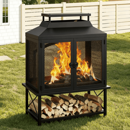 Outdoor Fireplace 39 Inch Rectangular Wood Burning Fire Pit with Grill, Spark Screen & Poker