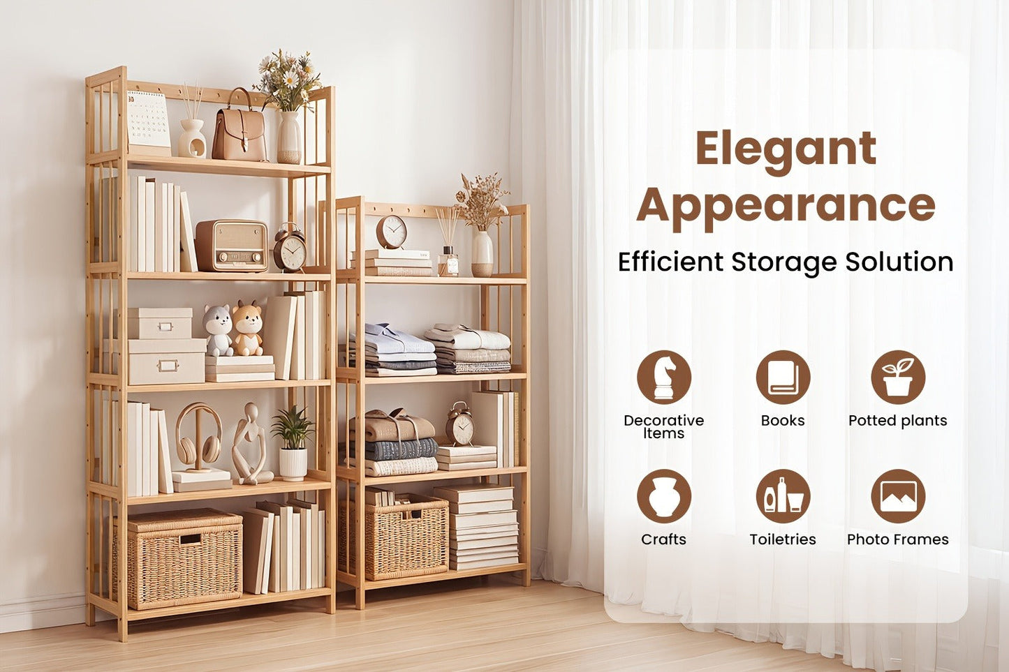 Bamboo Bookshelf Narrow 4 Tier Adjustable Shelves Wooden Bookcase Storage Shelf Organizer for Entryways, Bedrooms and Living Spaces