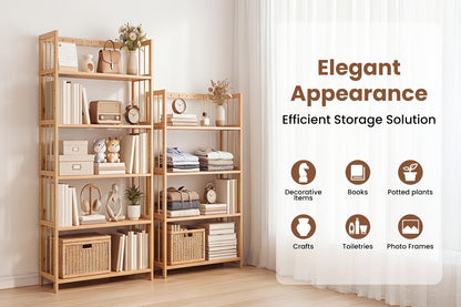 Bamboo Bookshelf Narrow 4 Tier Adjustable Shelves Wooden Bookcase Storage Shelf Organizer for Entryways, Bedrooms and Living Spaces