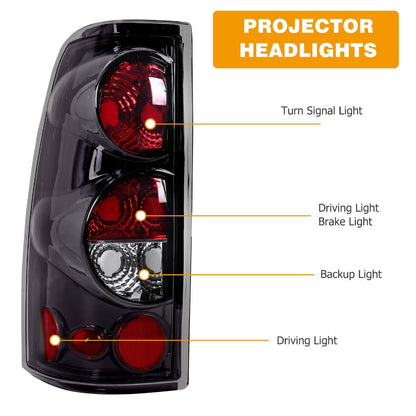 Tail Lights for Chevy Silverado 1500 2500 3500 1999-2006 & GMC Sierra 1999-2003 – Direct Replacement Pair | Black Housing | Smoked Gray