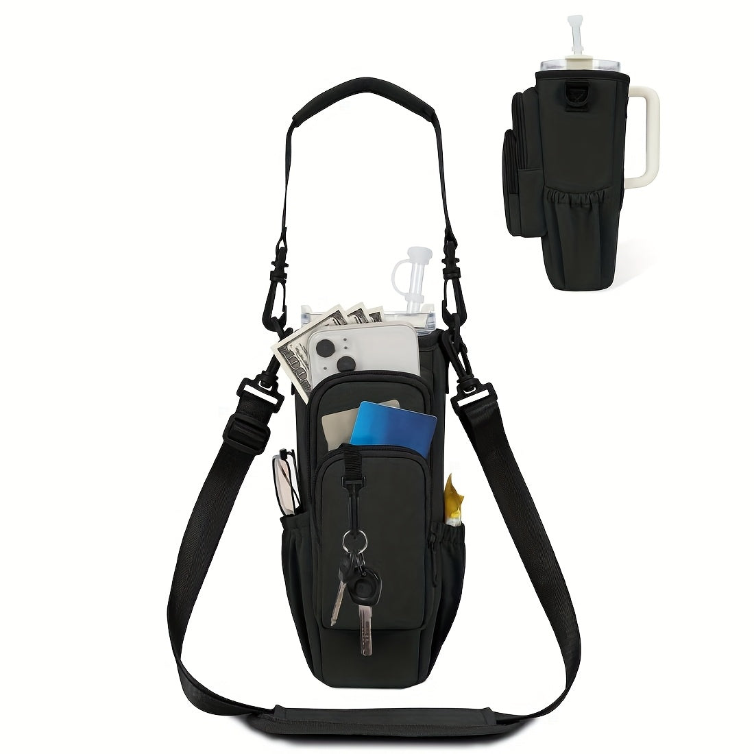 40oz Insulated Water Bottle Carrier Sling Bag with Straw Lid – Hands-Free Dog Walking Bag with Phone Pocket
