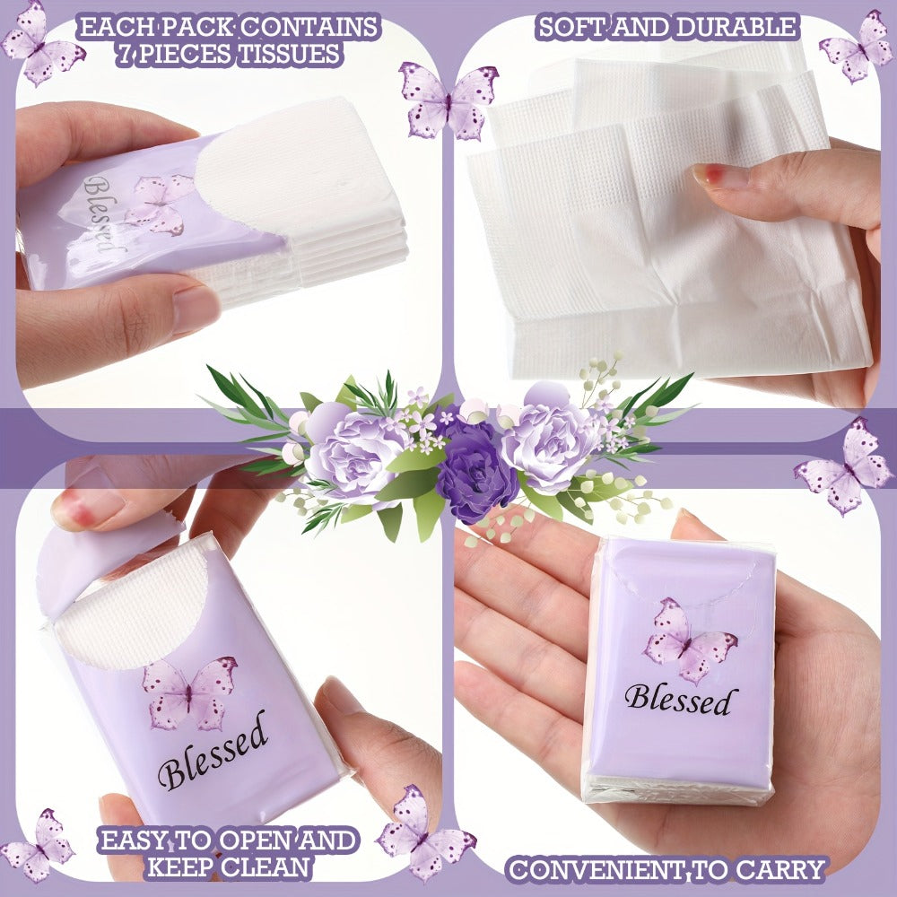 Christian Blessed Pocket Tissues 100 Pack 3-Ply Purple Butterfly Lavender Floral Design 7 Sheets Per Pack for Weddings Graduation Church