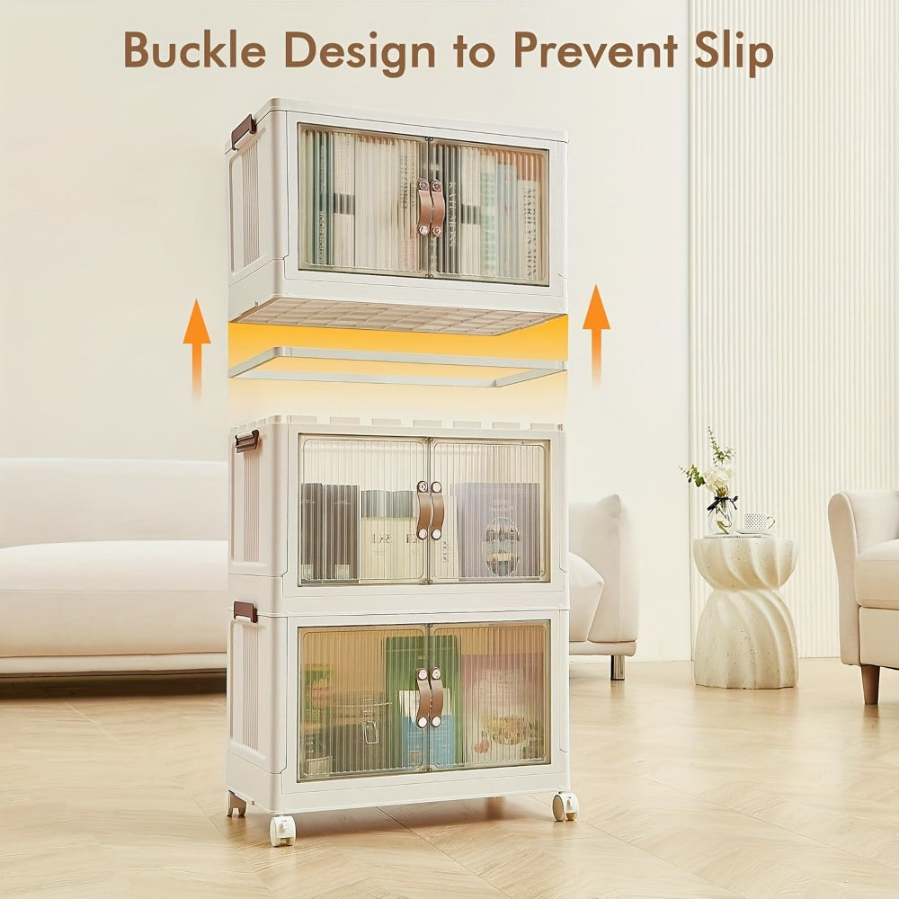 Front-Door Stackable Storage Bin Cabinets with Wheels in One-, Two- or Three-Pack Options for Home Use