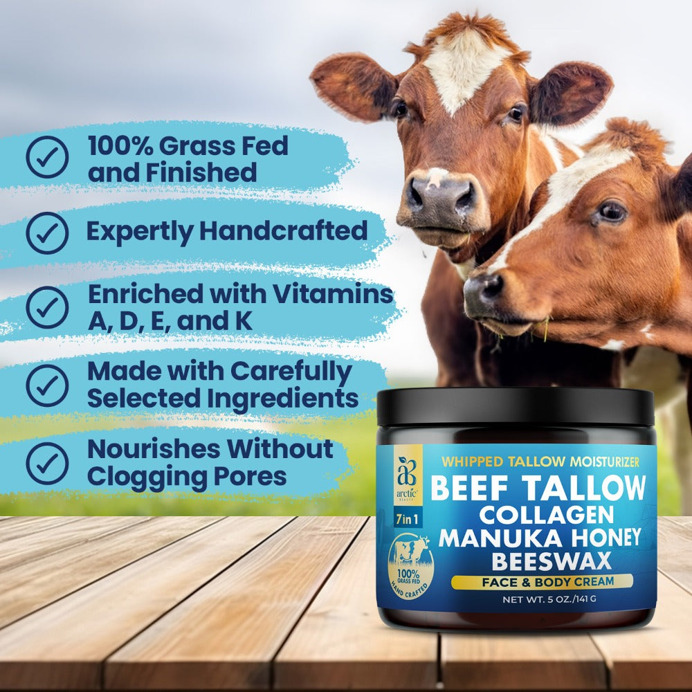 Whipped Beef Tallow Moisturizer – Organic Grass-Fed Face & Body Cream with Manuka Honey, Jojoba Oil, Collagen & Aloe Vera
