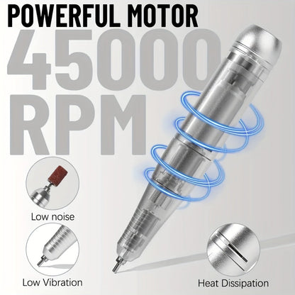 Low Noise Nail Drill Machine 45000RPM Rechargeable with LCD Display – Quiet Electric E-File for Gel Polish Acrylic Natural Nails