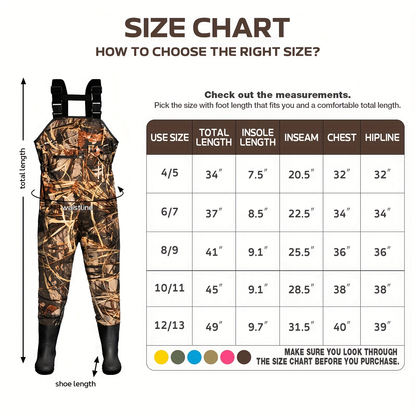 Kids Chest Waders Waterproof with Attached Boots – Youth Nylon Fishing & Hunting Waders, Cartoon Stripe Design, Lock Closure, Ages 4-13