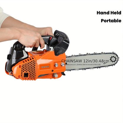 Compact 25.4CC Gas Chainsaw with 12-Inch Guide Bar and Orange Two-Stroke Engine Housing Design