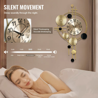 Golden Metal Art Wall Clock with Asymmetrical Circular Accents, Analog Dial and 30.7 x 17.7-Inch Size
