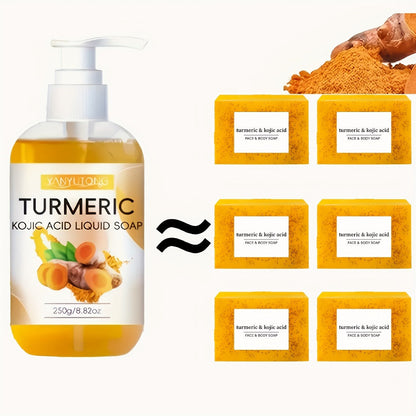 Turmeric Kojic Acid Liquid Soap 250g – Skin Brightening Body Wash for Dark Spots, Even Skin Tone, Deep Cleansing Rich Foam