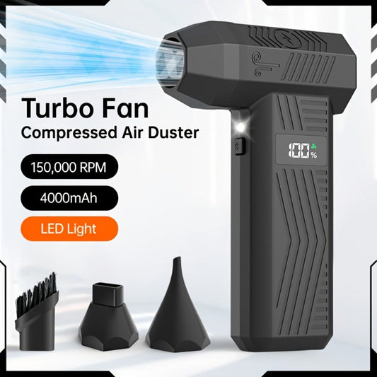 Black Pistol-Grip Electric Air Duster with Rear Digital Display, Three Nozzles and USB-C Cable