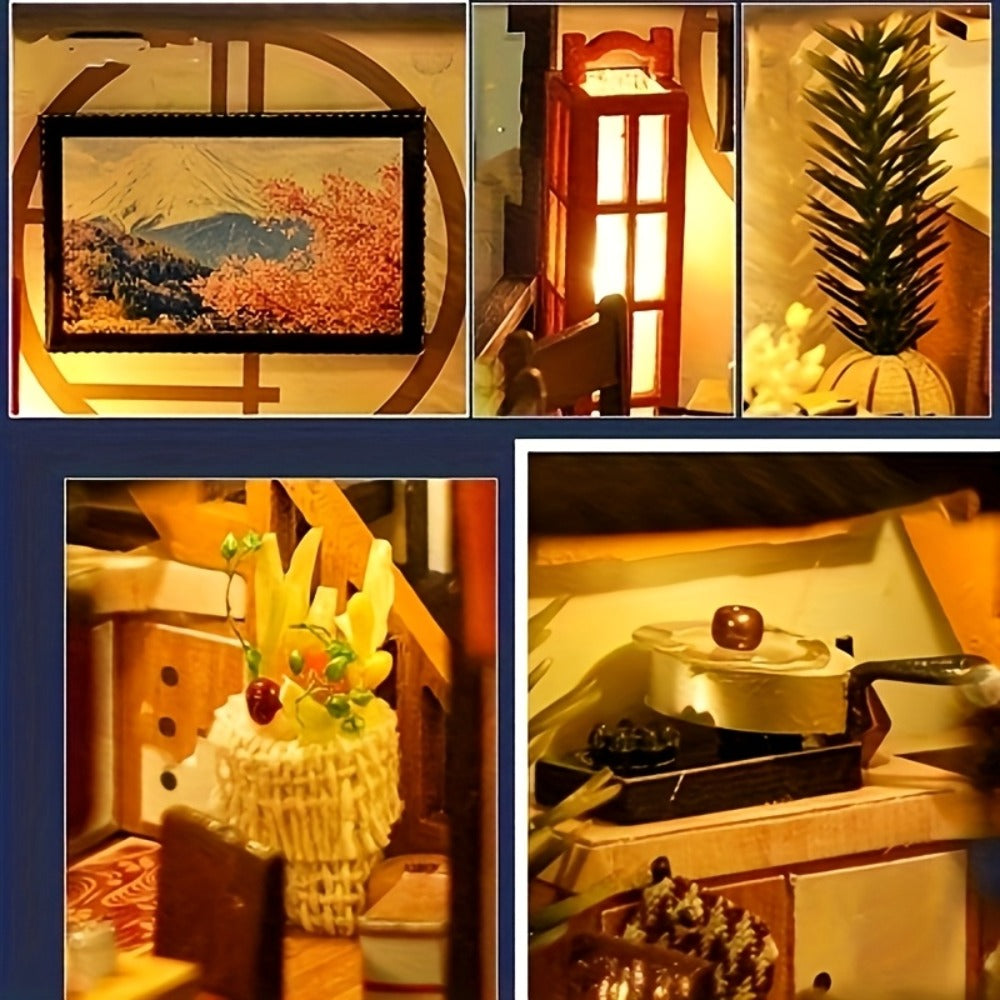 DIY Miniature Dollhouse Kit Sakura Garden Japanese Style, Wooden Tiny House with Tatami Flooring & Furniture